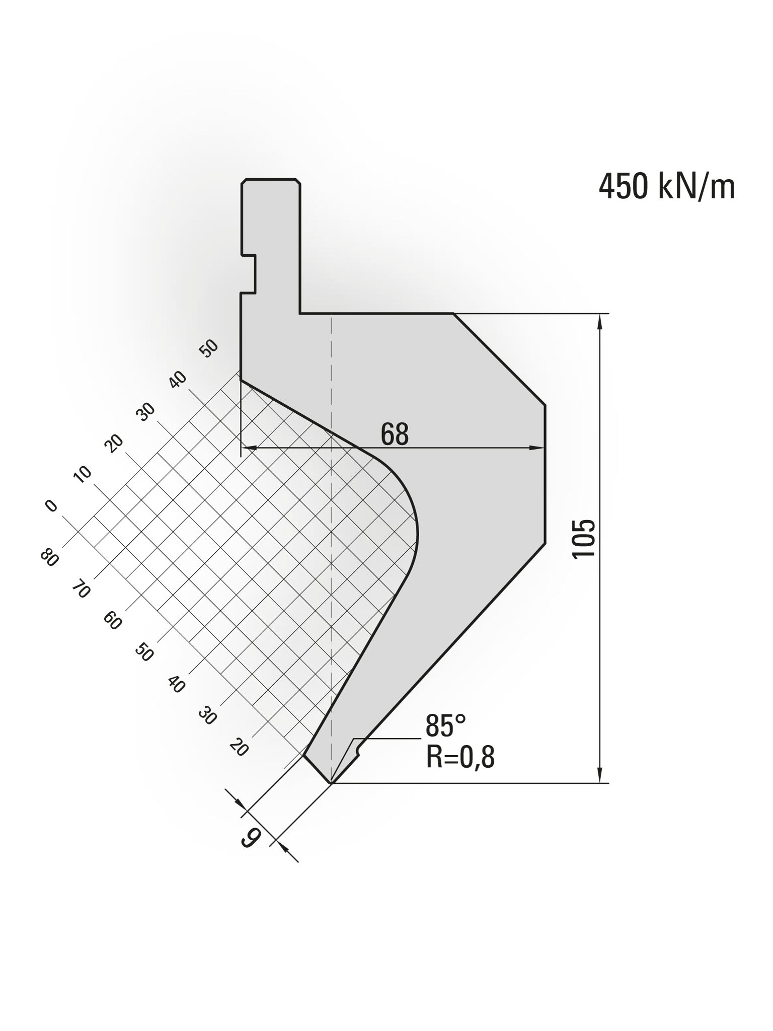 11.869-835 85° / R=0,8 / H=105 / L=835 mm
