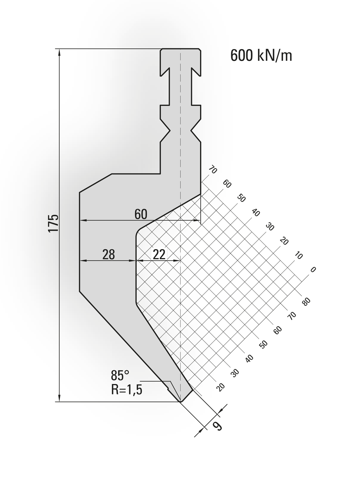 14.152-515 85° / R=1,5 / H=175 / L=515 mm
