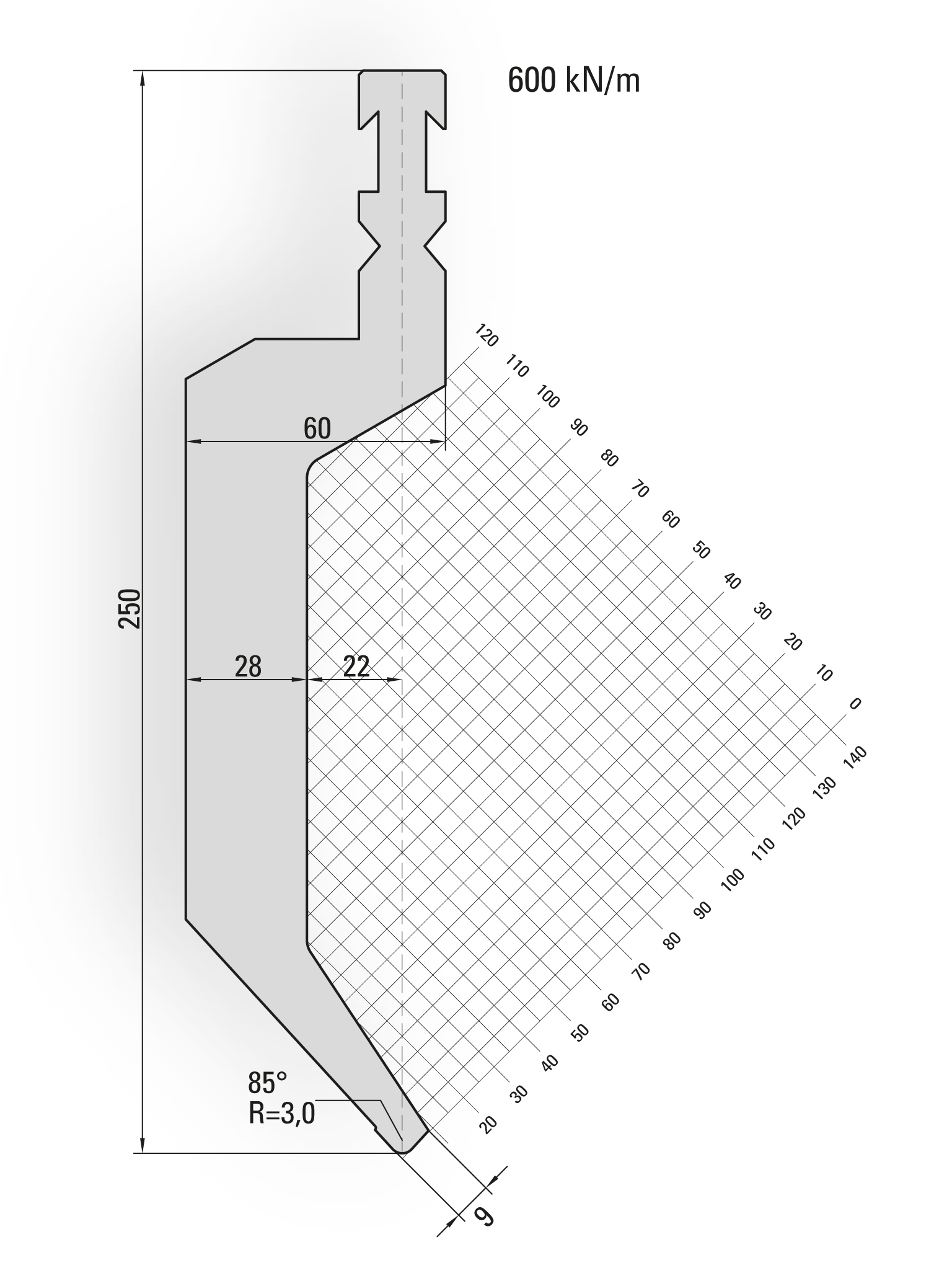 14.168-515 85° / R=3,0 / H=250 / L=515 mm