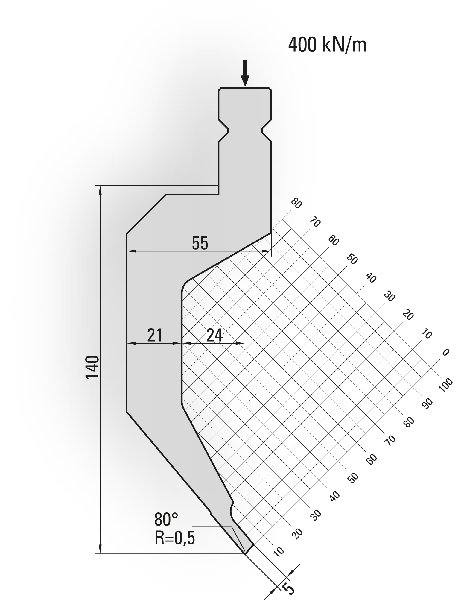15.480-500-Pin 80° / R=0,5 / H=140 / L=500 mm v.v. Stiften
