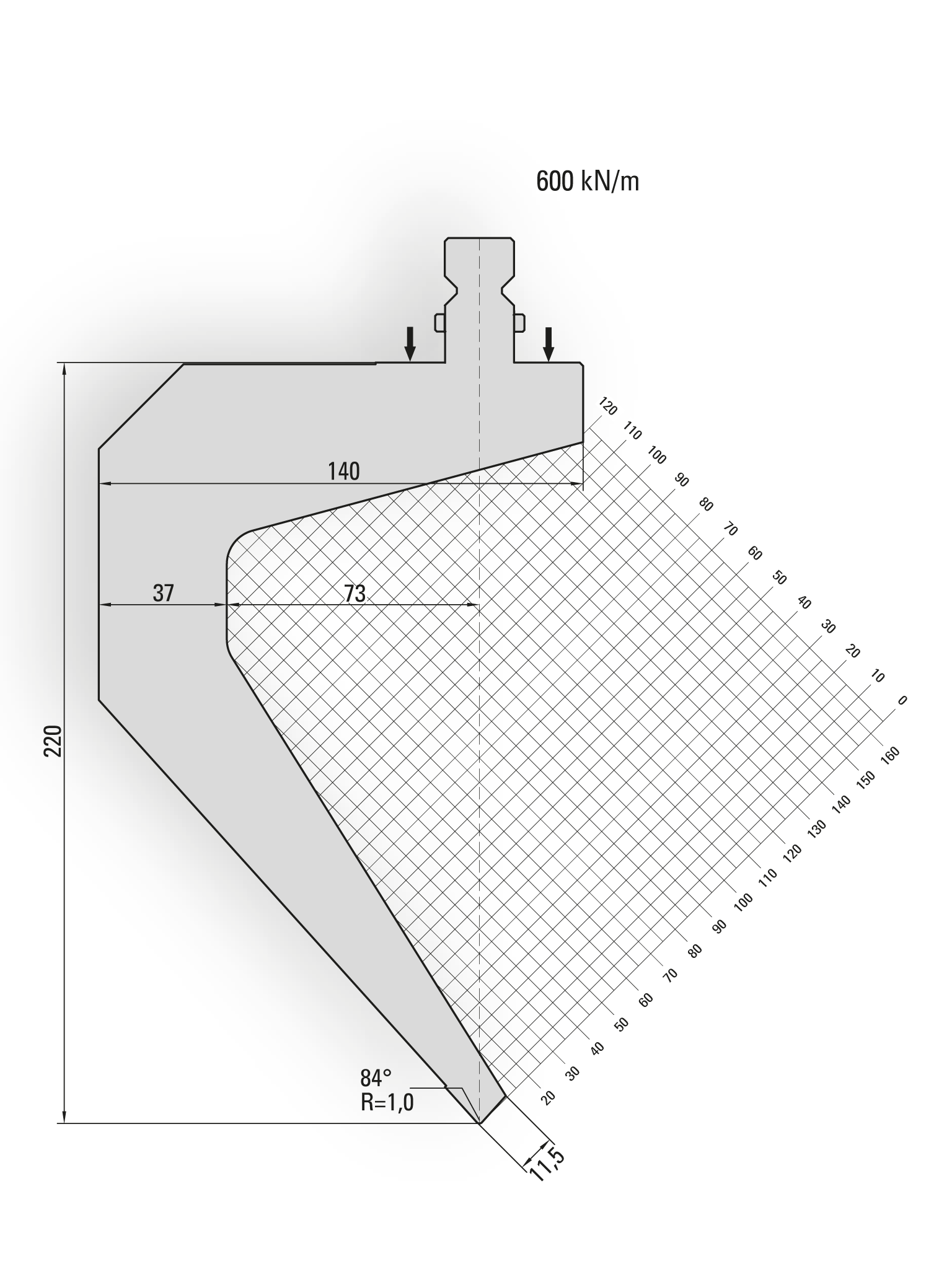 15.790-550S-Pin 84° / R=1,0 / H=220 / L=550 mm Ged. v.v. Stiften