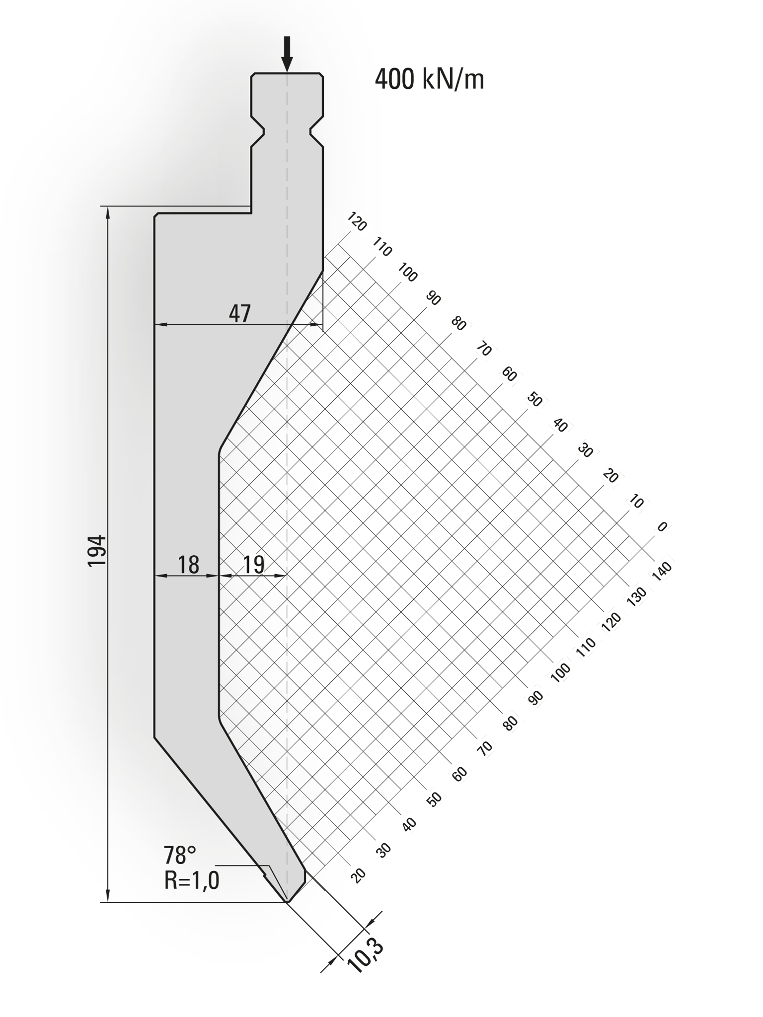 16.205-510-Pin 78° / R=1,0 / H=194 / L=510 mm