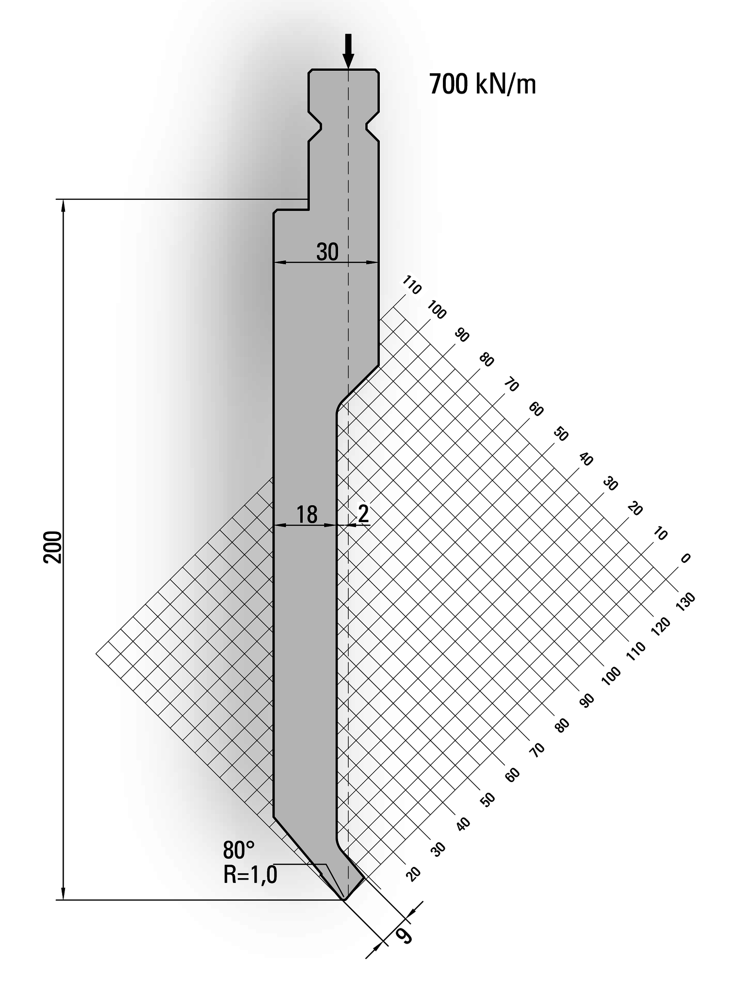 19.032-515-Pin 80° / R=1,0 / H=200 / L=515 mm