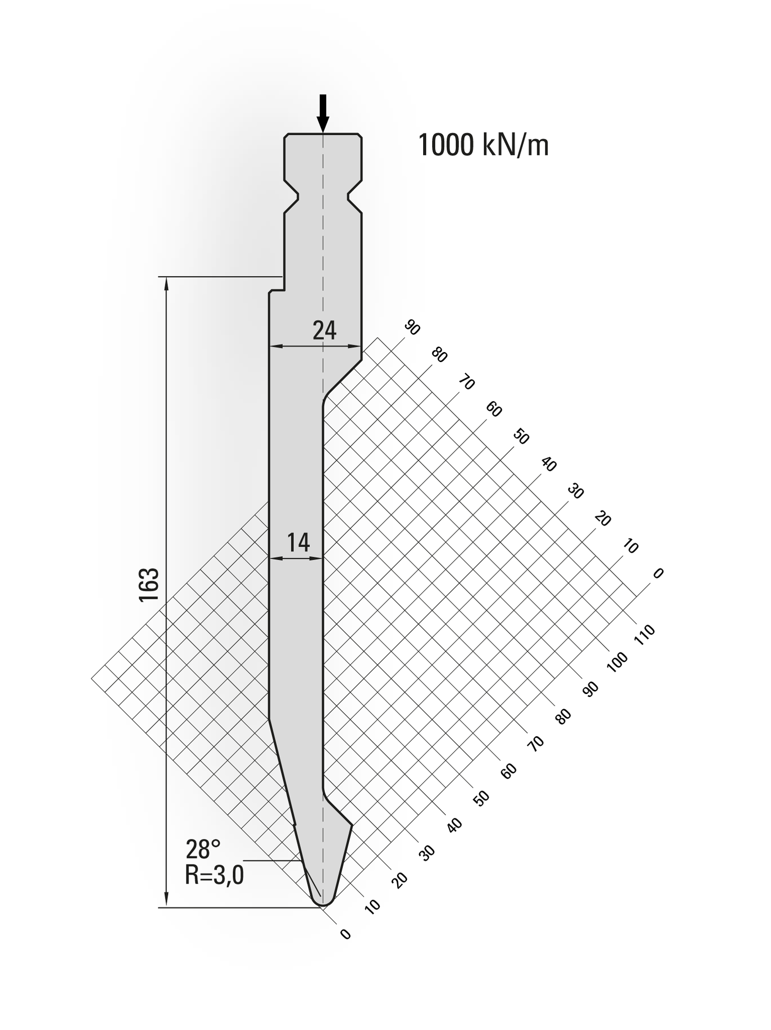 19.221-200 28° / R=3,0 / H=163 / L=200 mm