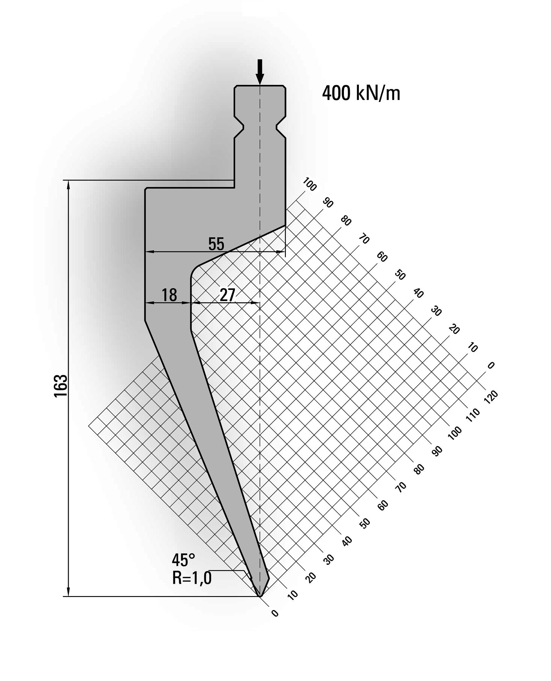 19.226-550S 45° / R=1,0 / H=163 / L=550 mm Ged.