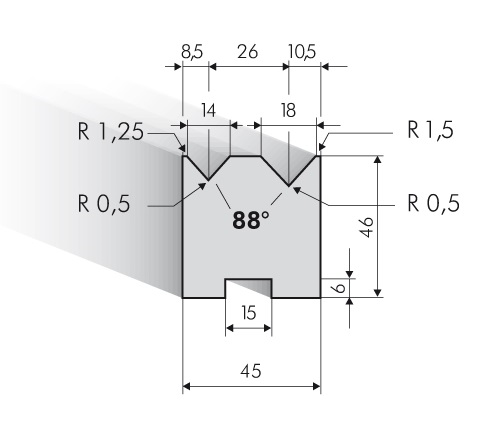 20.278-835 Centrische 2-V Matrijs / 88° / V=14+18 / L=835 mm