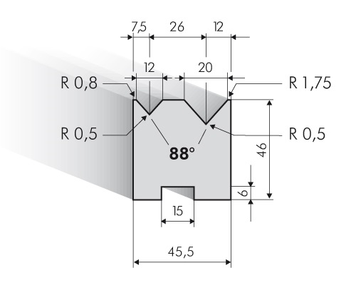 20.279-835 Centrische 2-V Matrijs / 88° / V=12+20 / L=835 mm