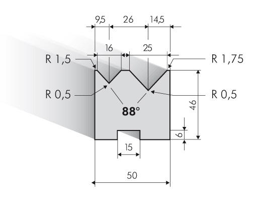 20.280-835 Centrische 2-V Matrijs / 88° / V=16+25 / L=835 mm