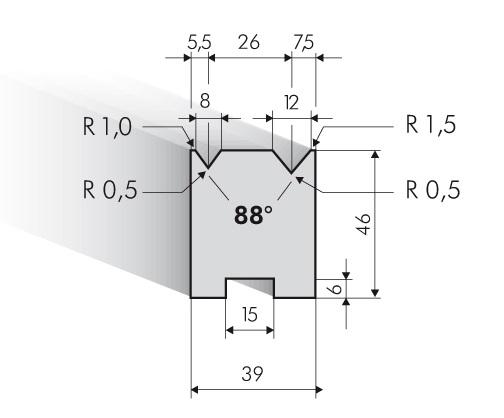 20.339-835 Centrische 2-V Matrijs / 88° / V=8+12 / L=835 mm