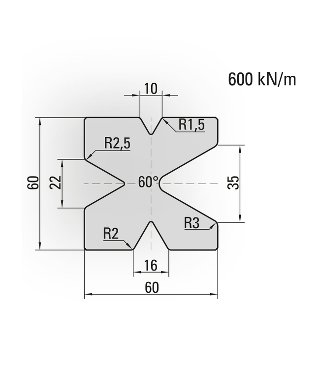 20.350-835 Blokmatrijs / 60° / V=10+16+22+35 / L=835 mm