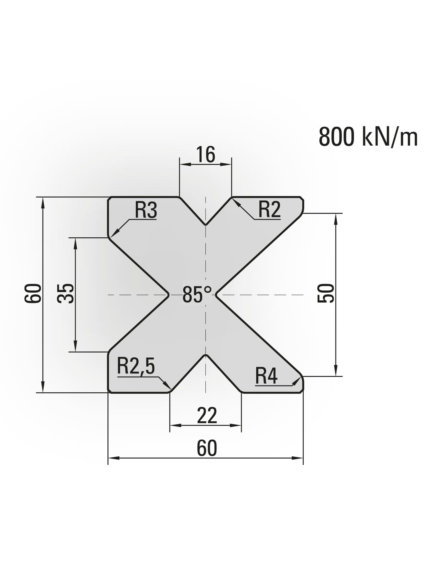 21.207-835 Blokmatrijs / 85° / V=16+22+35+50 / L=835 mm