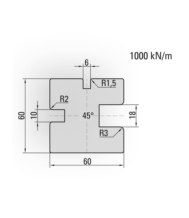 21.209-835 Blokmatrijs / 45° / U=6+10+18 / L=835 mm
