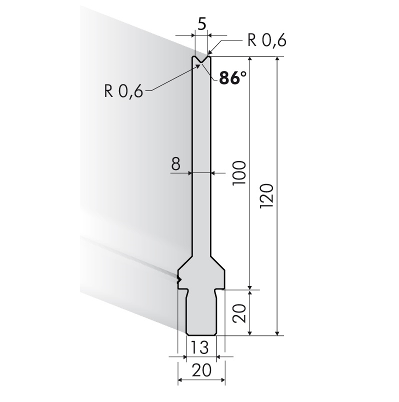25.350-500 1-V Matrijs / 86° / V=5 / L=500 mm - op aanvraag -