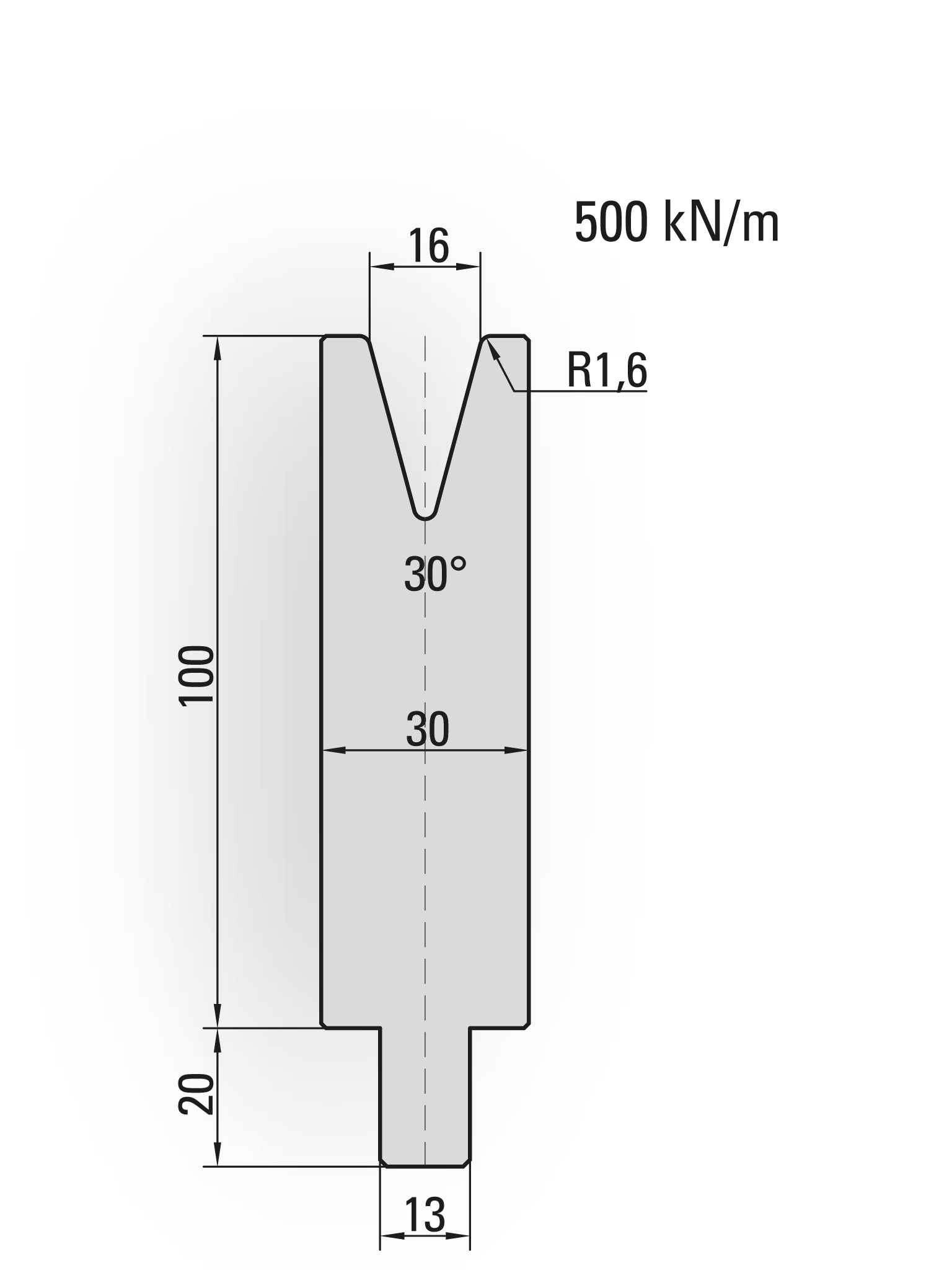 25.405-500X 1-V Matrijs 30°/V=16/H=100/L=500 mm
opm. 1 stuks