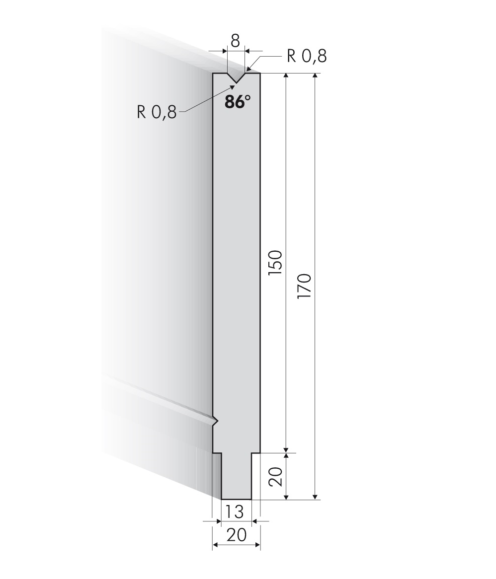25.602-500 1-V Matrijs / 86° / V=8 / L=500 mm - op aanvraag -