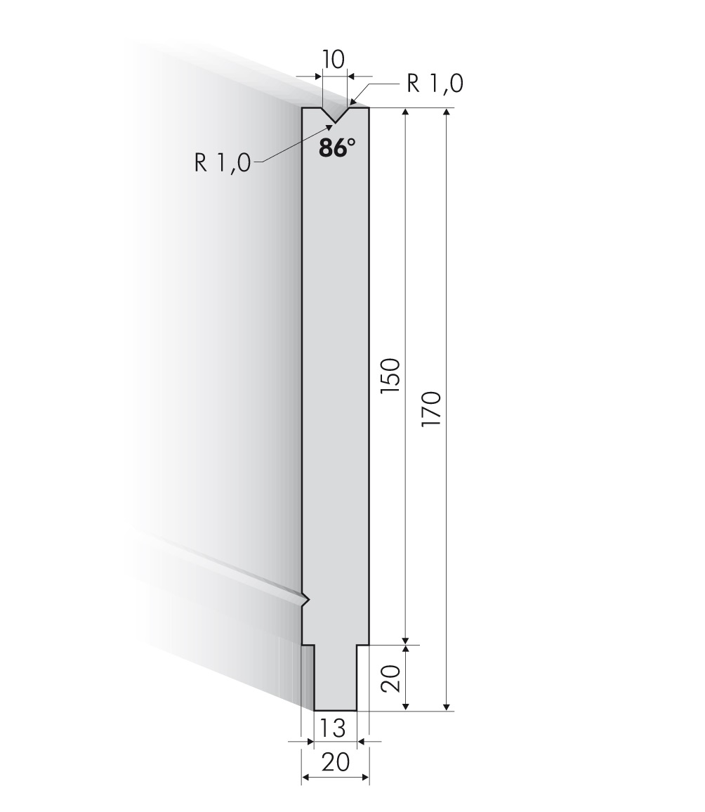 25.603-500 1-V Matrijs / 86° / V=10 / L=500 mm - op aanvraag -