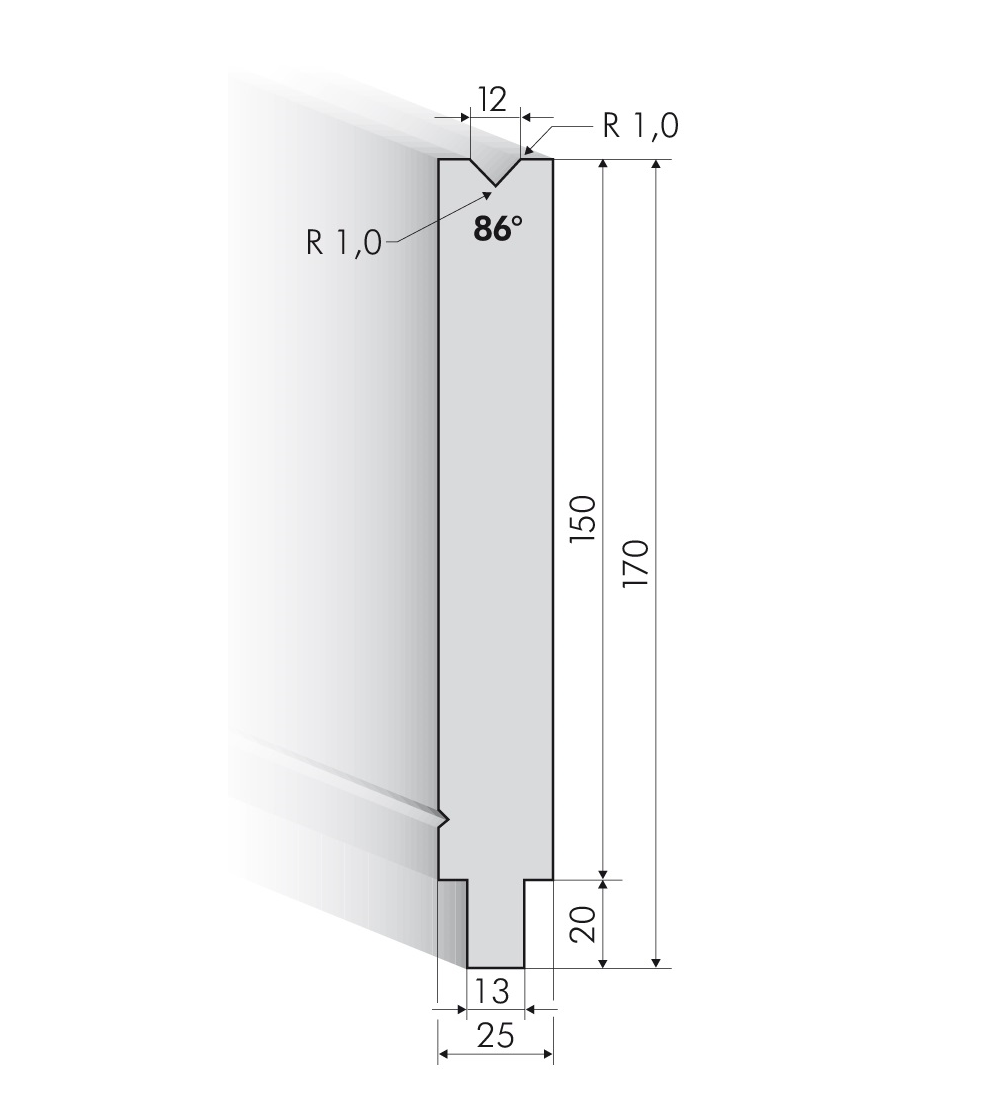 25.604-500 1-V Matrijs / 86° / V=12 / L=500 mm - op aanvraag -