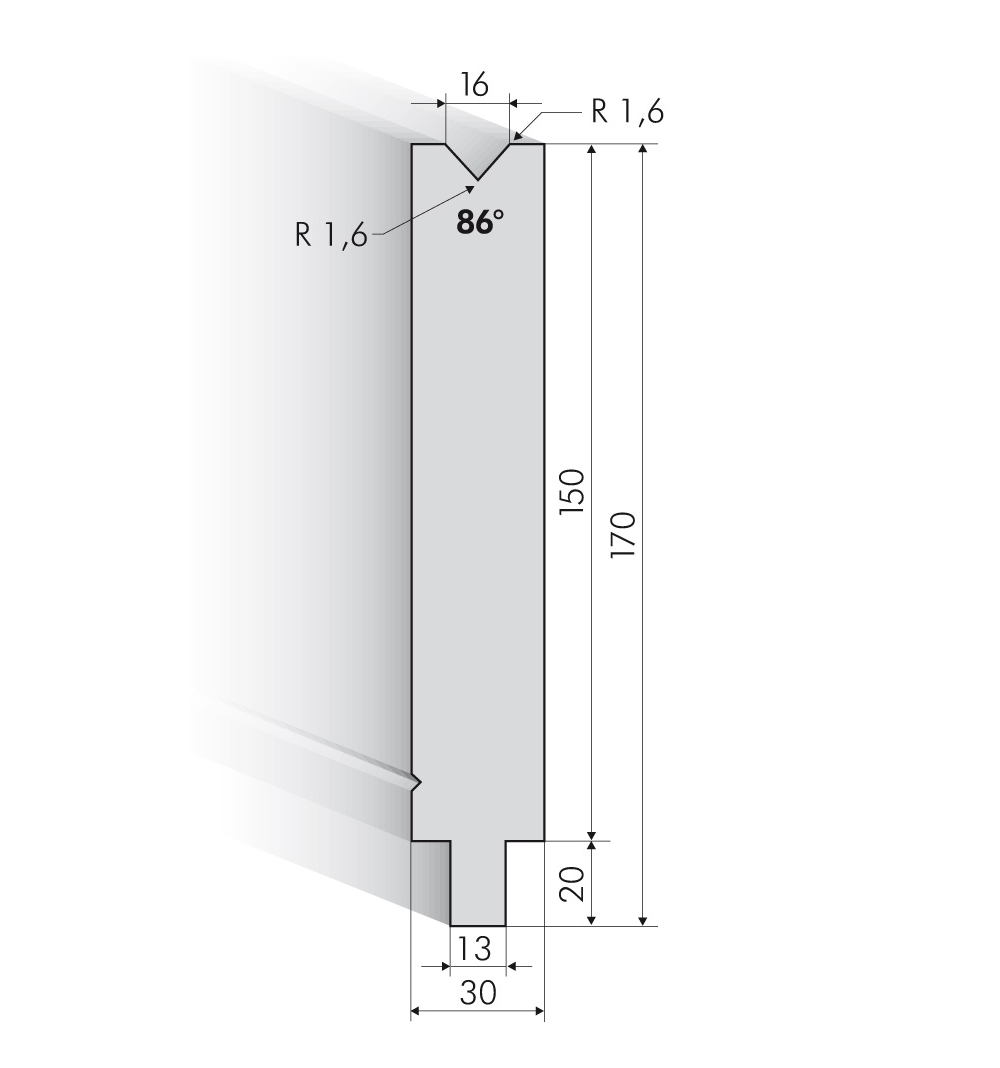 25.605-500 1-V Matrijs / 86° / V=16 / L=500 mm - op aanvraag -