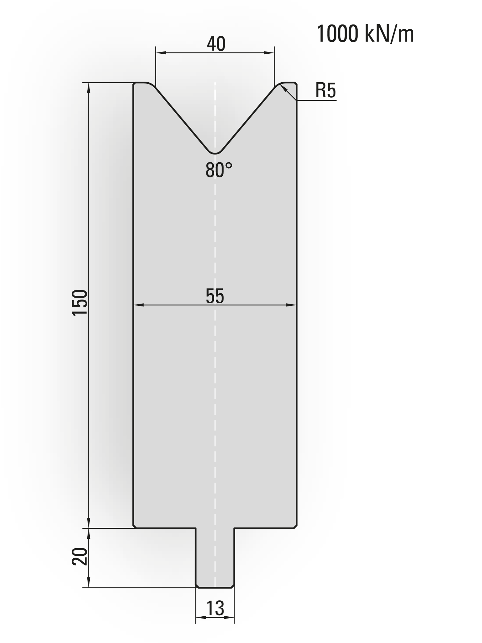 25.629-500 1-V Matrijs / 80° / V=40 / L=500 mm