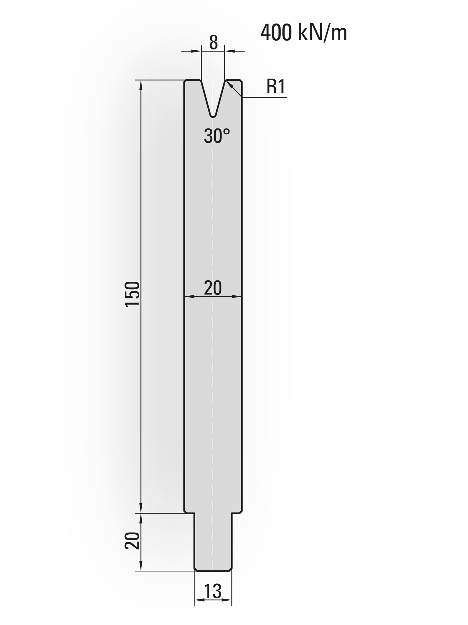 25.902-500 1-V Matrijs / 30° / V=8 / L=500 mm