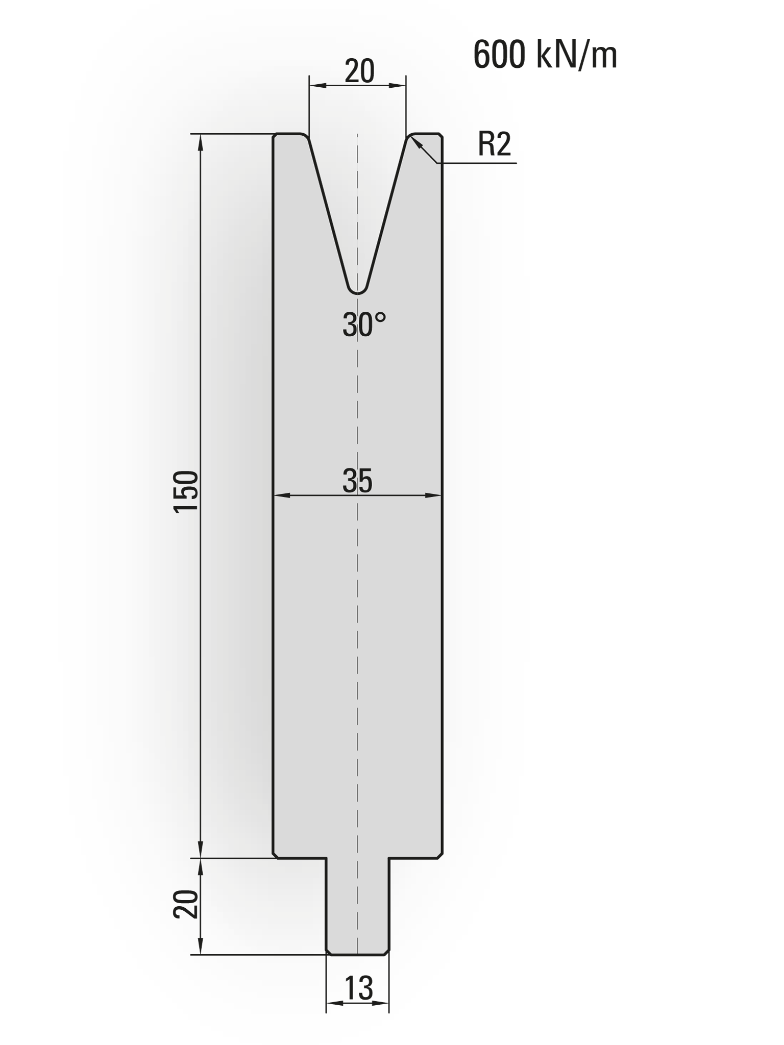 25.906-500 1-V Matrijs / 30° / V=20 / L=500 mm