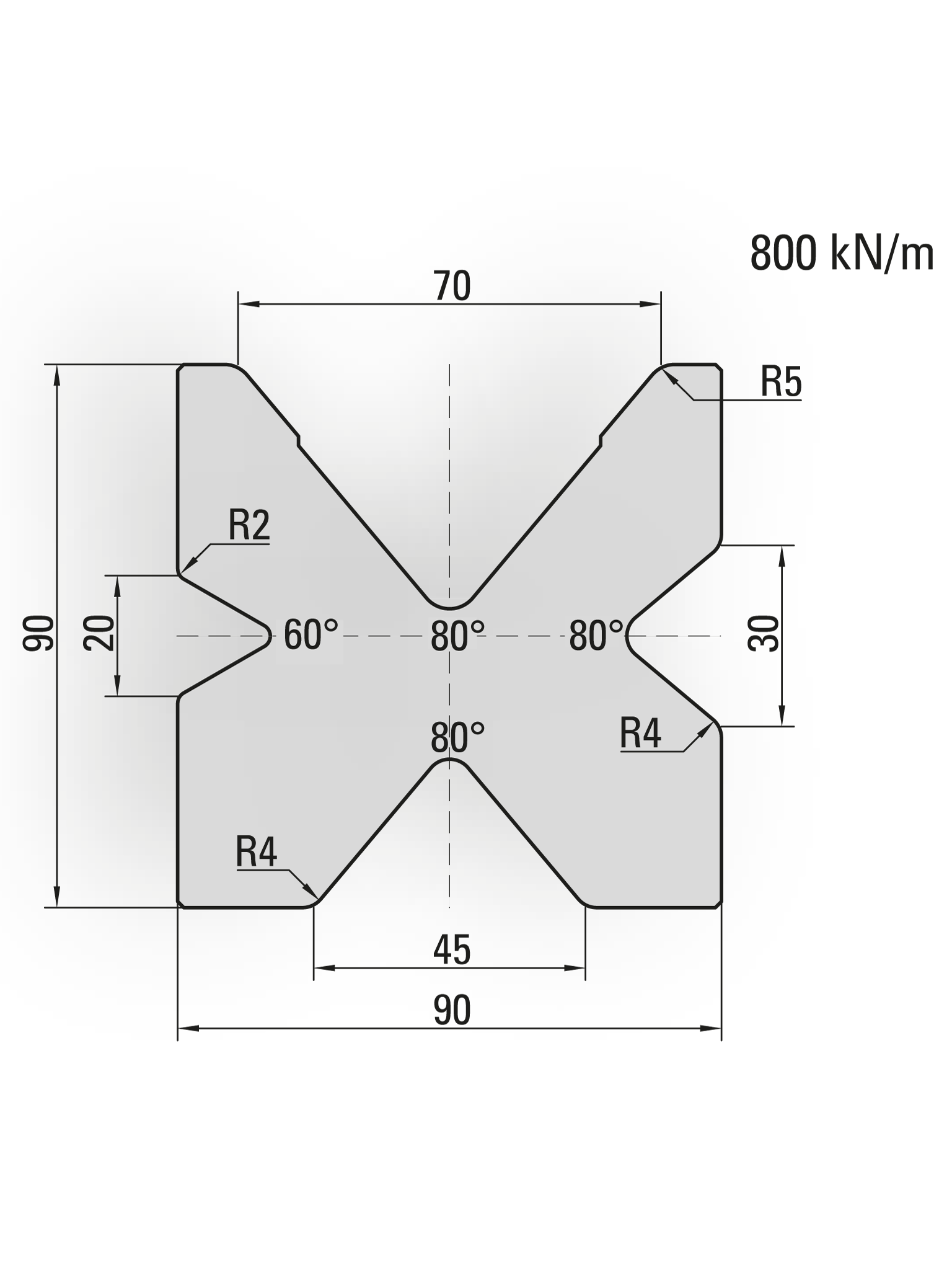 28.820-835 Blokmatrijs / 60° V=20 / 80° V=30+45+70 / L=835 mm
