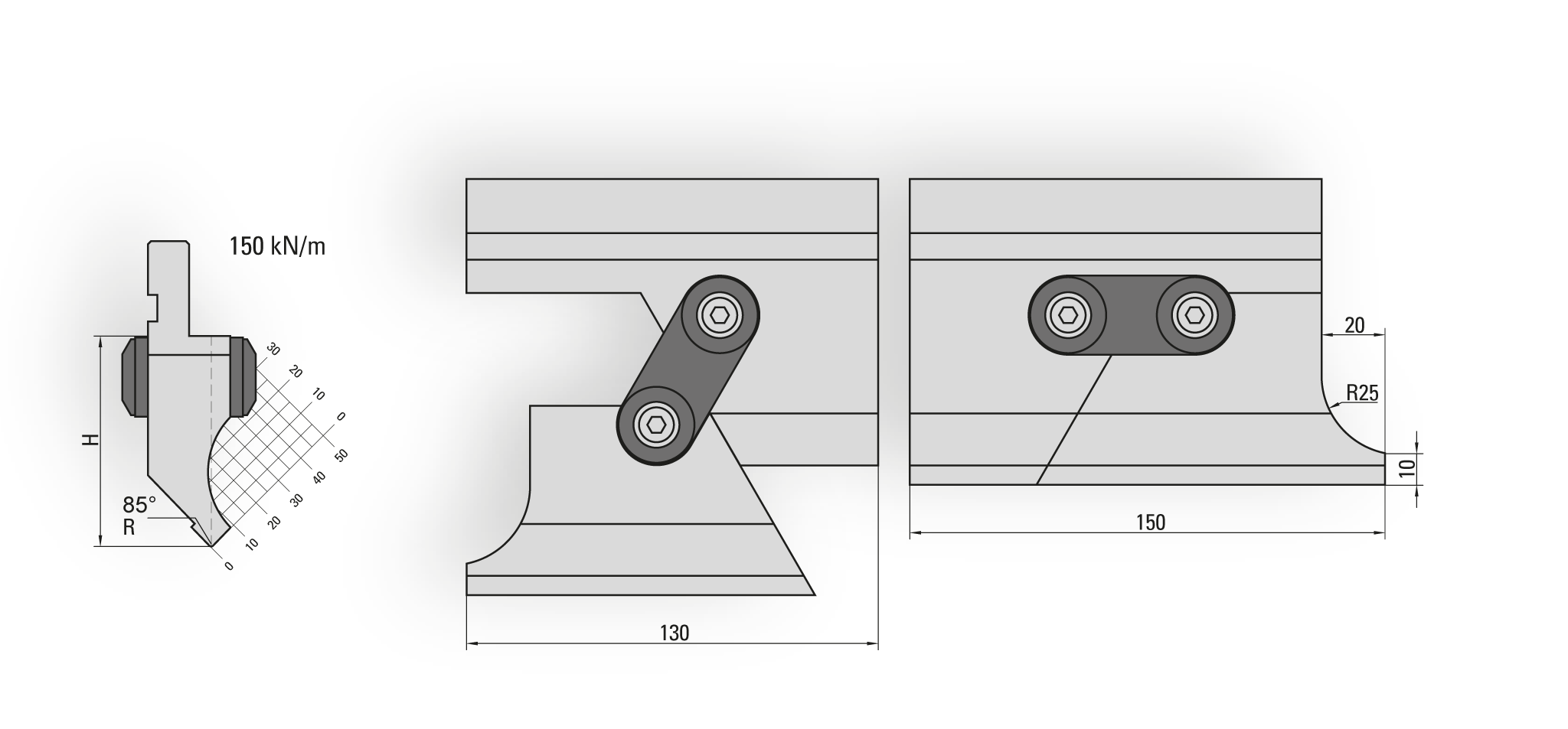 40.122 Eindstuk beweegbare hiel / 85° / R=0,6 / H=66,74 / L=300 mm