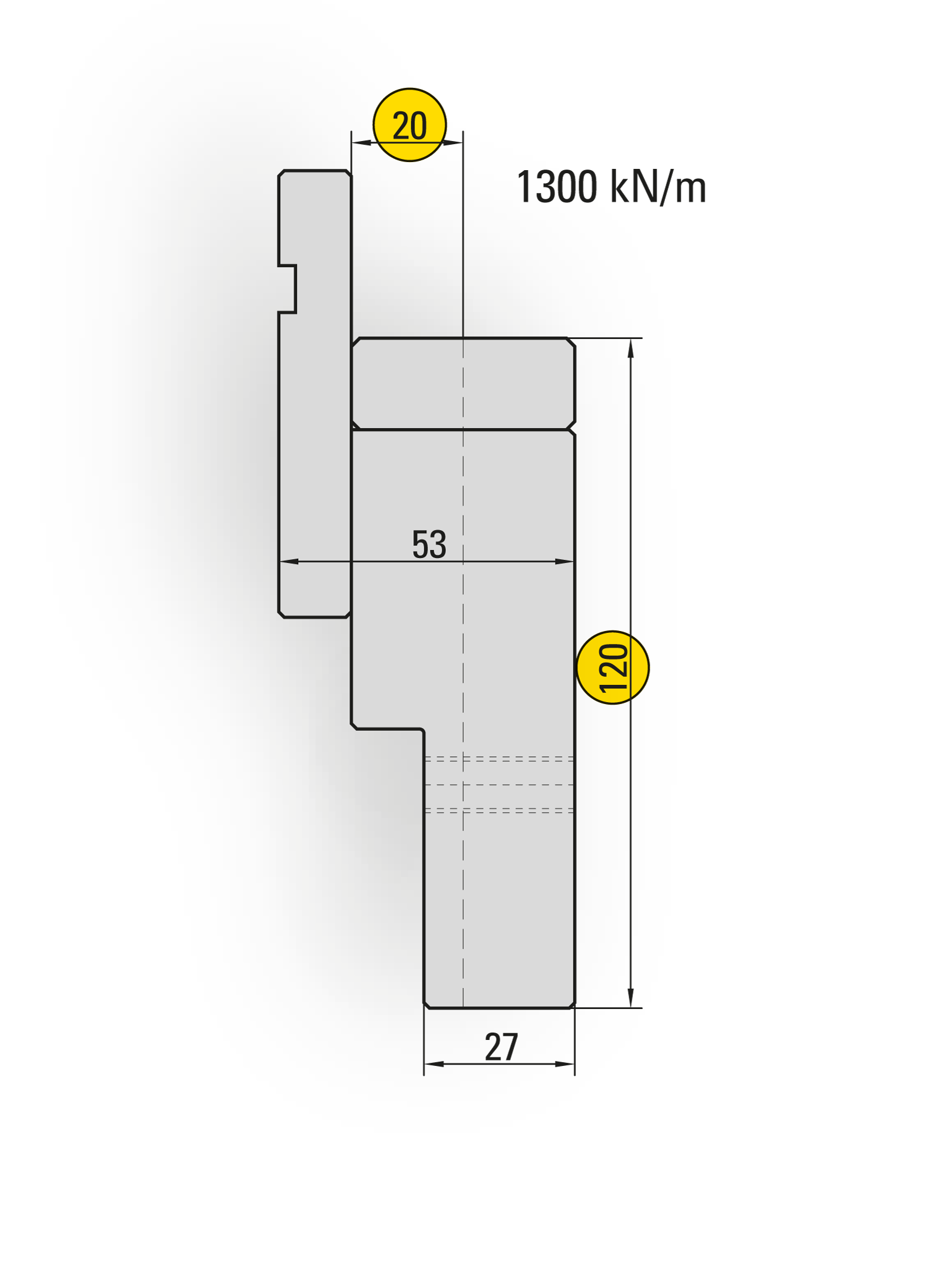 50.673 Tussenstuk met Bombeerspie met 27,0 mm drukstuk t.b.v zwaardere belasting met 20,0 mm AMADA Hartlijn