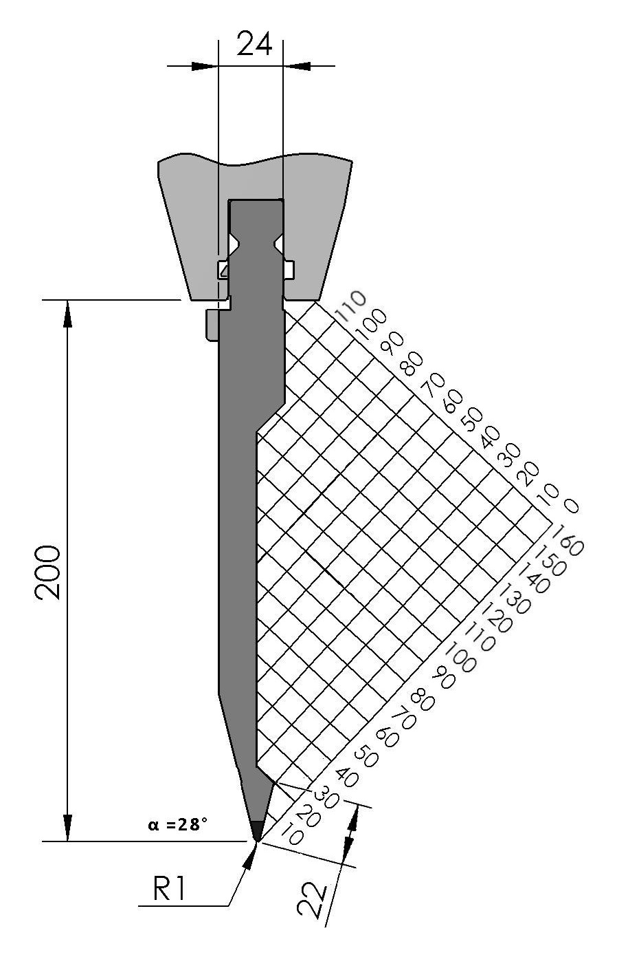 W101543 BIU-031/1 - 28° - R=1,0 - H=200 - L=515 mm